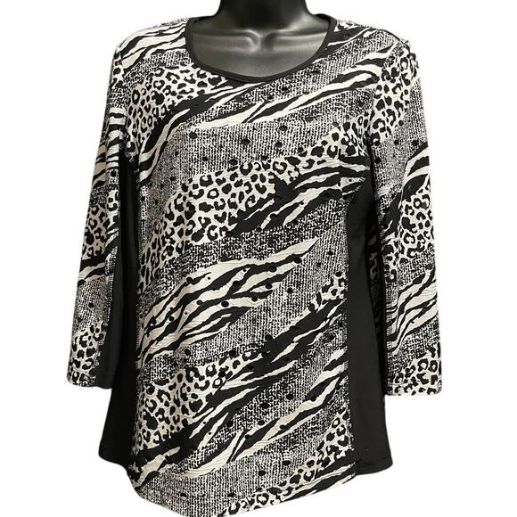 Libra Size Medium 3/4 Sleeve Animal Print White & Black Blouse - Picture 1 of 6
